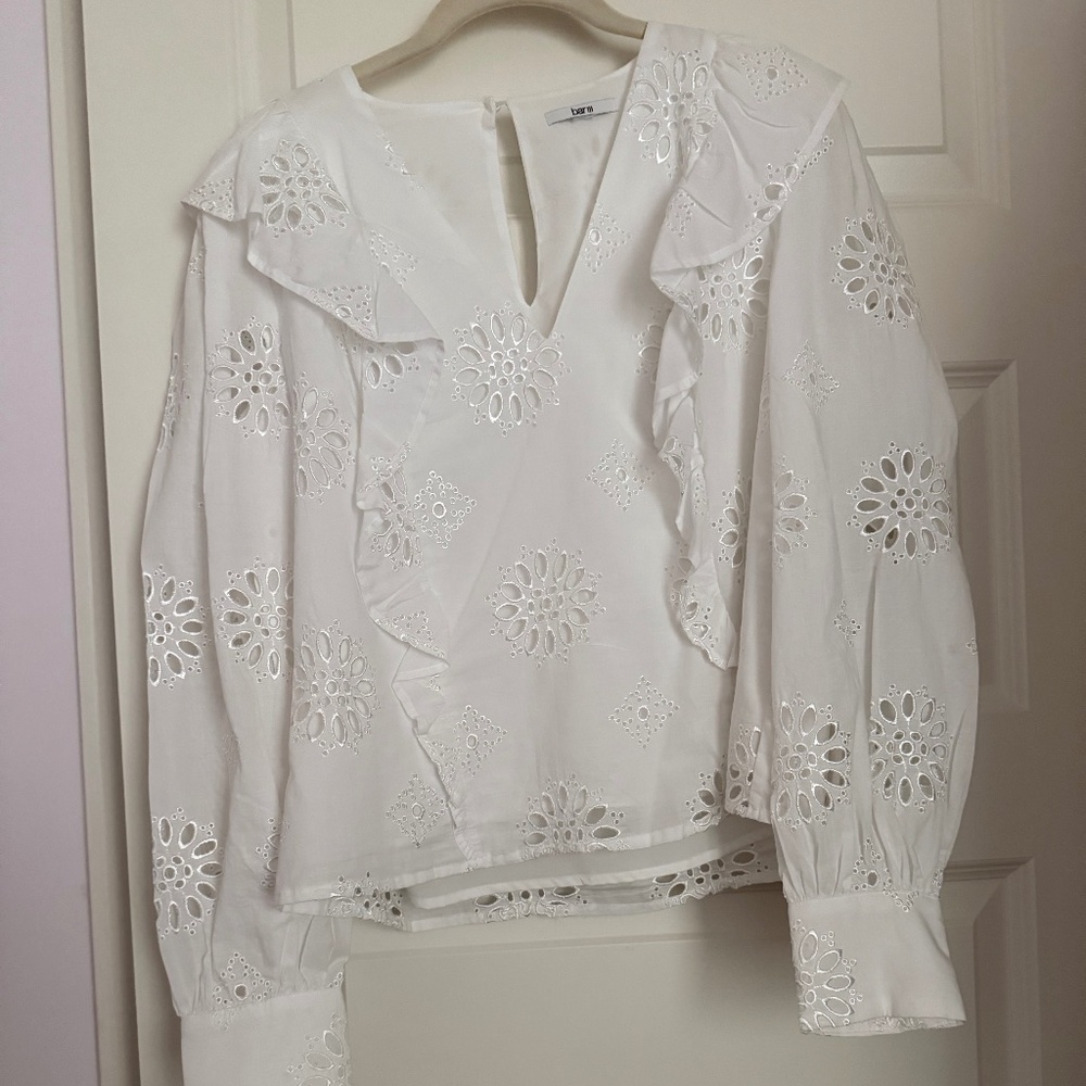 V-Neck Top, lined, L/S, Ruffle Front, Sz L Outer 100% Cotton - ALTERED